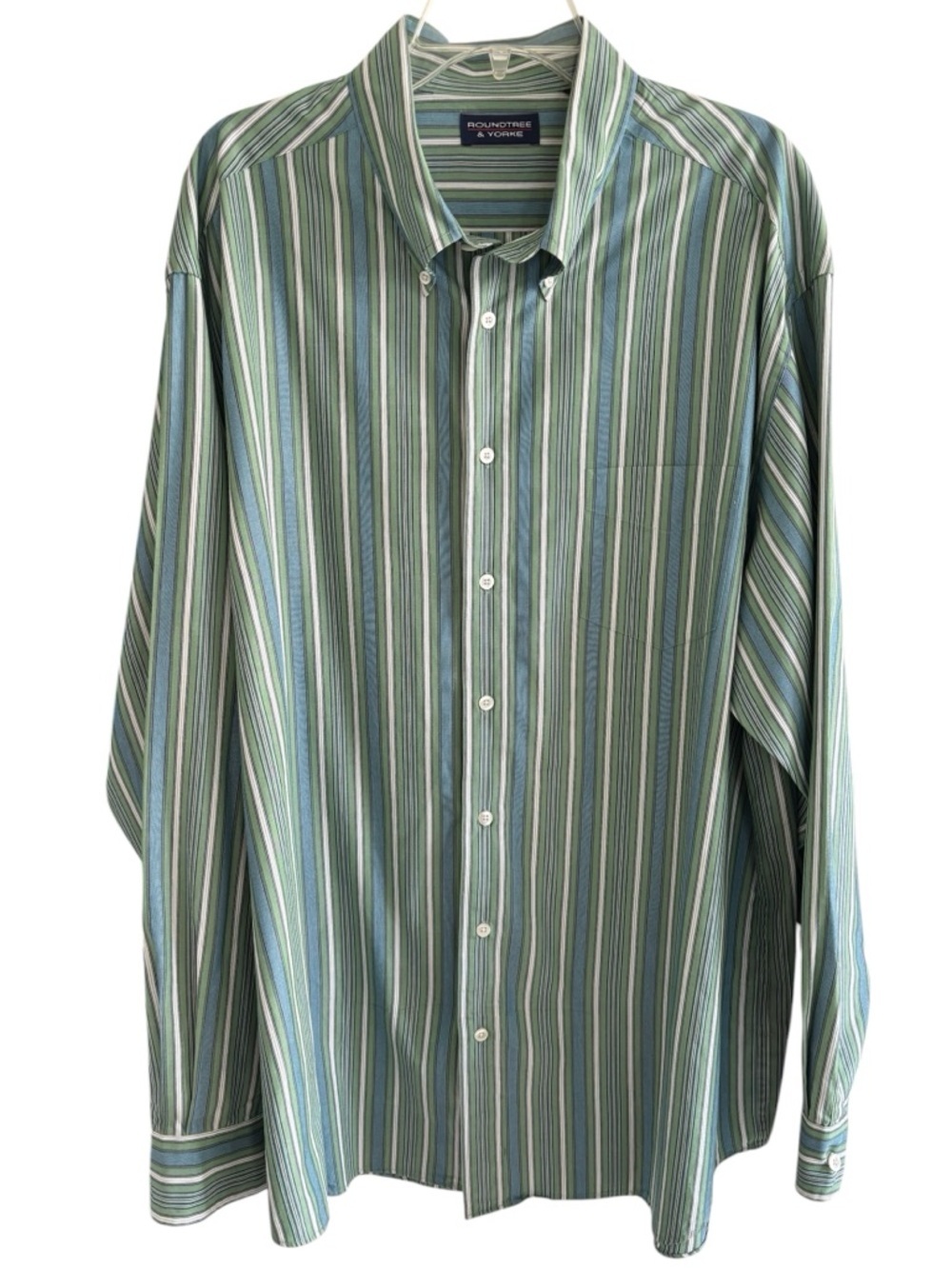 Roundtree & Yorke Men’s 2XLT Green Blue Striped Button-Down Shirt 100% Cotton